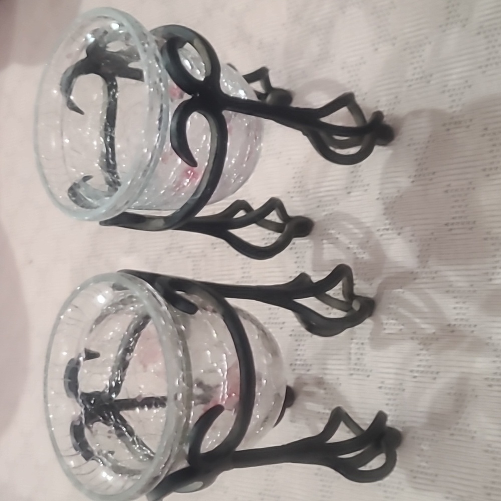 Crackled Glass Candle Holders with Black Iron Stand